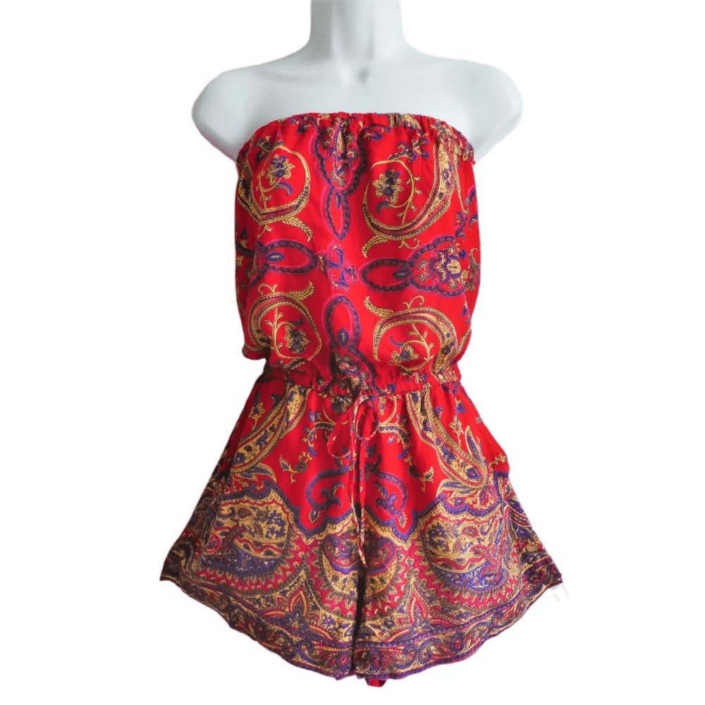 Angie Red Paisley Romper Strapless Rayon Pockets Waist Drawstring Cincher L